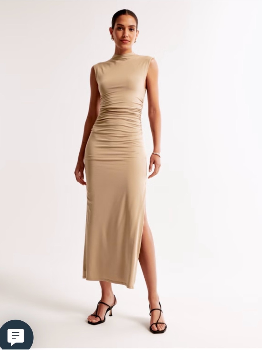 Abercrombie & Fitch Sleeveless Ruched Maxi Dress in Beige tall